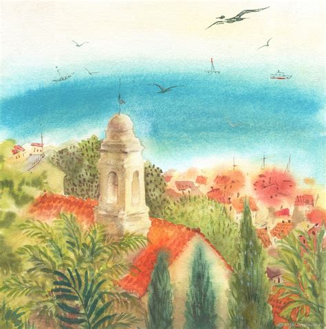 Картина пейзаж Санремо, Италия. Акварель, итальянский город с морем в ...