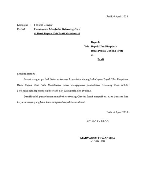 Contoh Surat Pengajuan Buka Rekening Giro Pdf