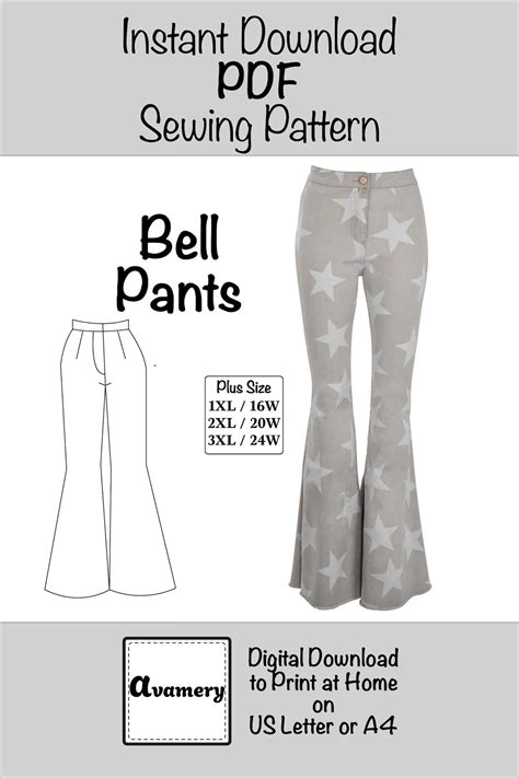 Bell Bottom Pants 1xl 2xl 3xl Pdf Sewing Pattern Flared Women Etsy