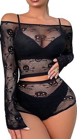 Amazon Xiusemy Women Lingerie Set Two Piece Fishnet Sets Skull Top And Panty For Halloween