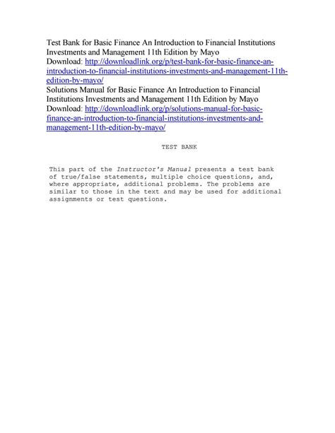 test bank  basic finance  introduction  financial institutions