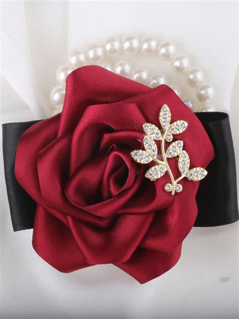 1pc Women Wrists Corsage With Burgundy Rose And Silk Ribbon For Wedding ...