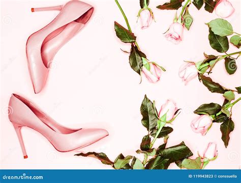 Beauty Blog Concept Pink Nude Female Shoeson White Background Flat Lay Top View Trendy