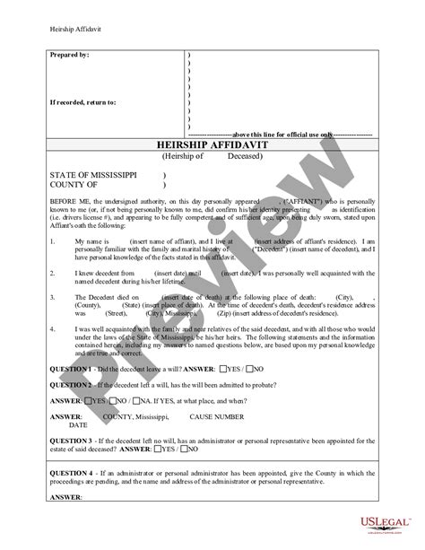 Affidavit Of Death And Heirship Form Mississippi Us Legal Forms