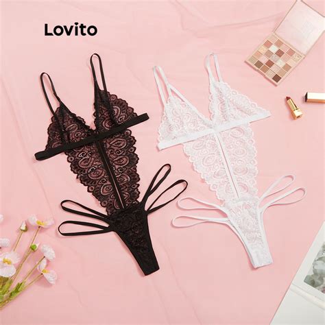 Lovito Lingerie Sexy de Renda Transparente Padrão Cruzado L X