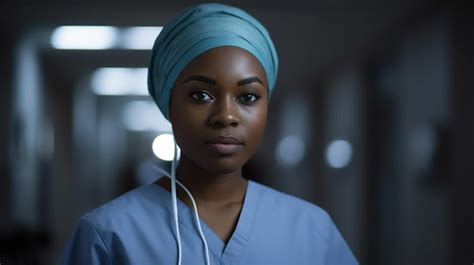 Premium AI Image A Woman In Blue Scrubs Stands In A Dark Room