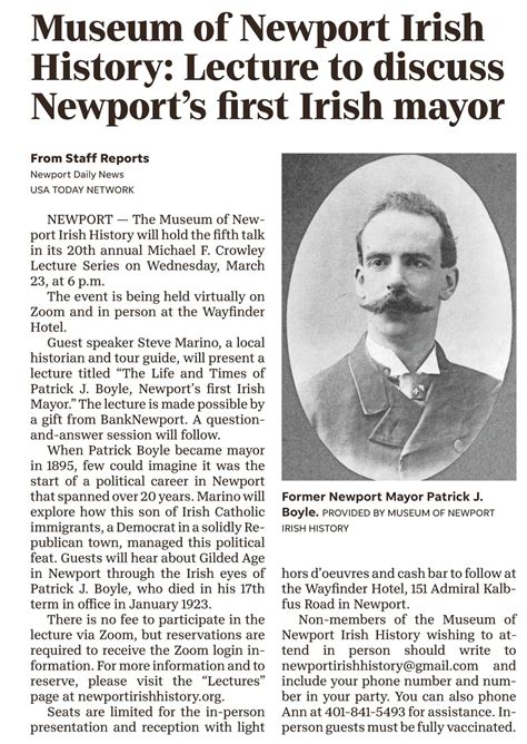 Newport Daily News – “Lecture to Discuss Newport’s First Irish Mayor