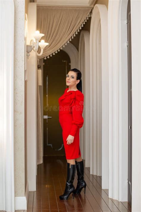 Sensual Beautiful Brunette Woman Posing In Red Dress Girl With Long Hair Stock Image Image Of