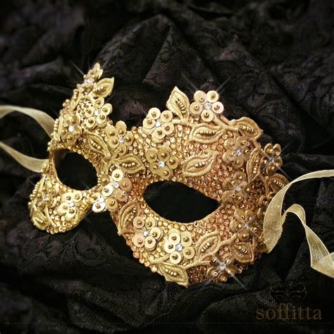 Sequined Gold Masquerade Mask With Rhinestones and Embroidery