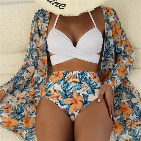 Toperth Leaf Print Bikini Three Piece Swimsuit Toperth