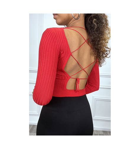 Pull Crop top rouge côtelé à dos nu