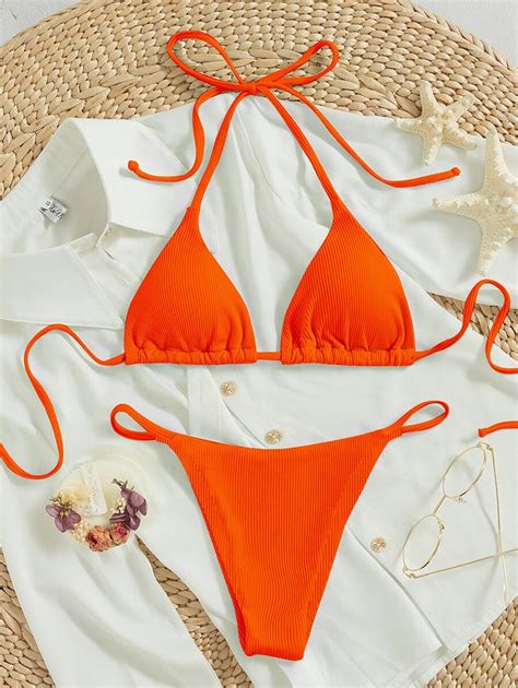 Swim Mod Bikini De 2 Piezas Con Tiras Finas Y Escote Halter Naranja Sexy Tipo Tanga Para