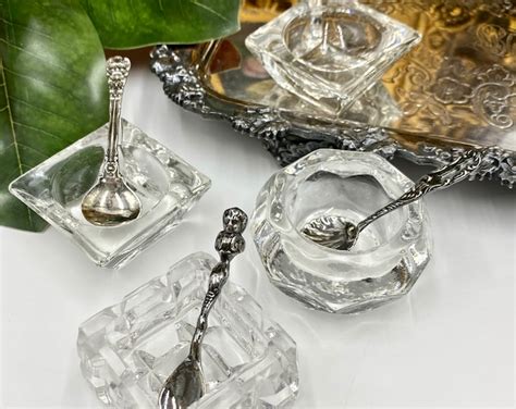 Set Of FOUR Vintage Salt Cellars Clear Glass Salt Cellars Tiny Spice