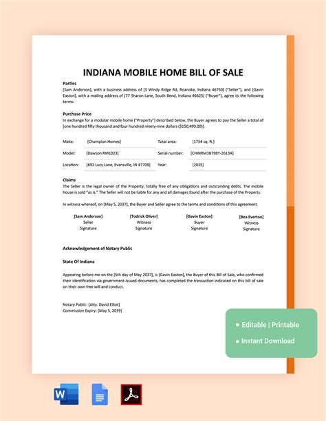 Indiana Vehicle Bill Of Sale Template Google Docs Word Pdf