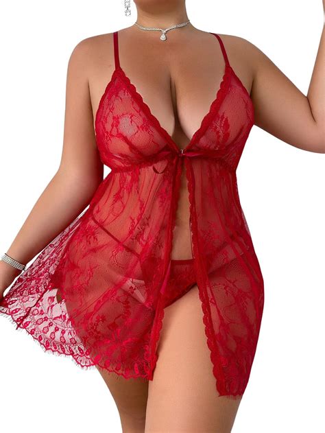 Soly Hux Women S Plus Size Sexy Lingerie Sets Babydoll Mesh Sheer Chemise See Through Lace