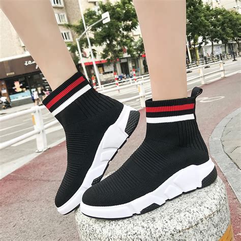 2018 High Top Stretch Sock Sneakers Woman Bling Sock Shoes Women Black Jogging Shoes Slip On ...