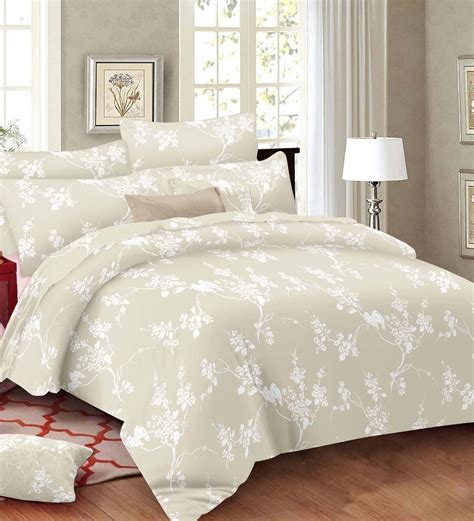 Buy Beige Floral 210 Tc 100 Cotton Double King Sized Bedsheet With 2