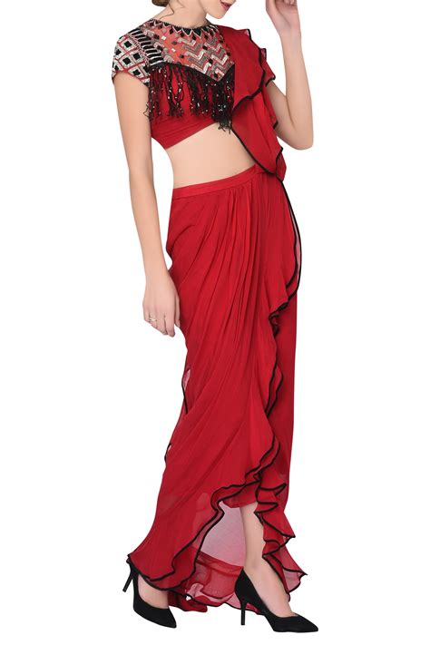 Buy Red Pre Pleated Saree With Blouse For Women By Mani Bhatia Online