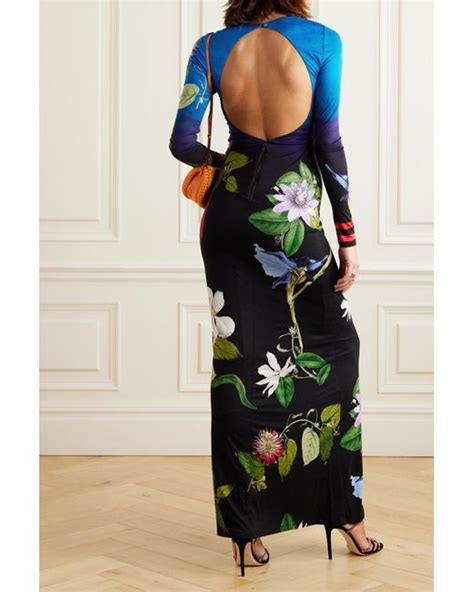 Alice Olivia Delora Open Back Floral Print Satin Maxi Dress In Blue