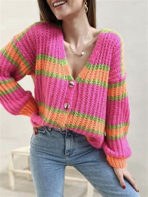 Budgetg Loose Striped Kintted Cardigan For Women Fashion V Neck Long