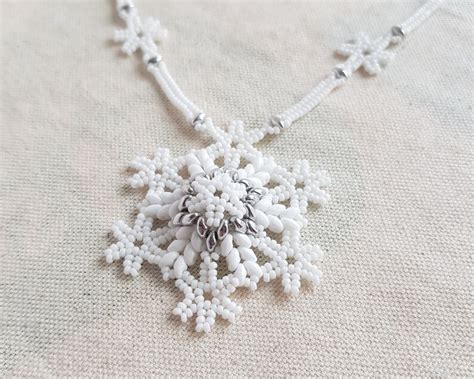 Snowflake Beading Pattern Superduo Beaded Snowflake Beadwork Necklace