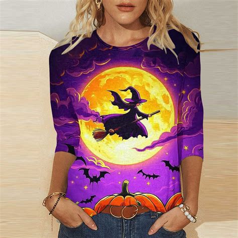VKOYWKM 3/4 Sleeve Tops for Women Halloween Shirts Fall Crew Neck Loose