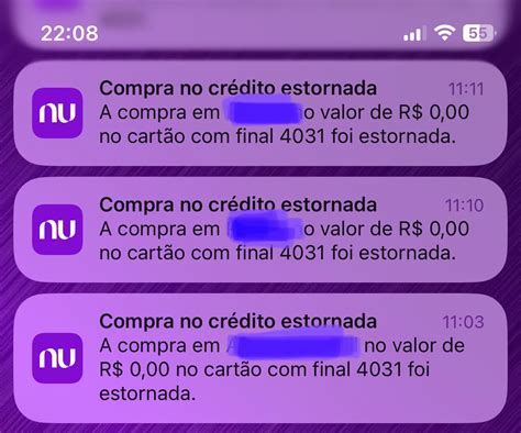 Mensagens de compra estornadas no crédito Cartão de crédito NuCommunity