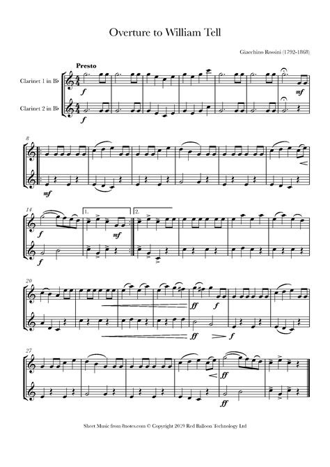 Rossini William Tell Overture Sheet Music For Clarinet Duet