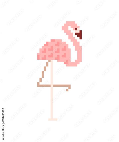 Pink Flamingo Pixel Art Isolated Bit Water Bird With Pale Pink