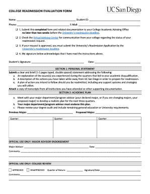 Fillable Online Revelle Ucsd College Readmission Evaluation Form