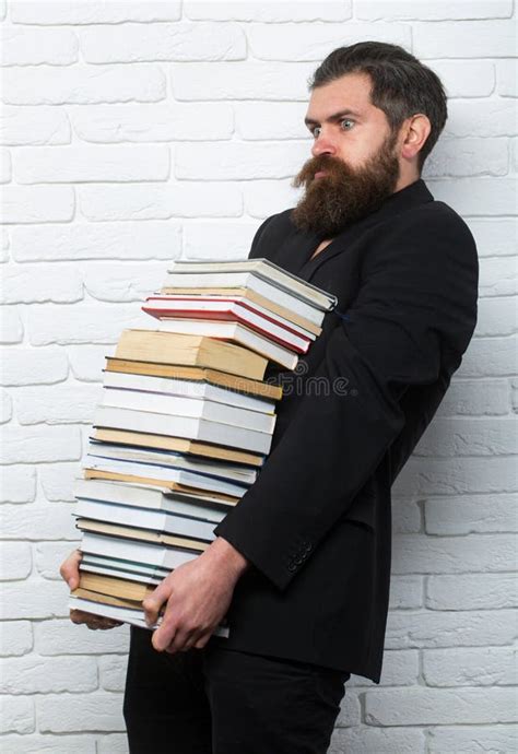 Funny Teacher Or Professor With Book Stack Thinking Serious Mature