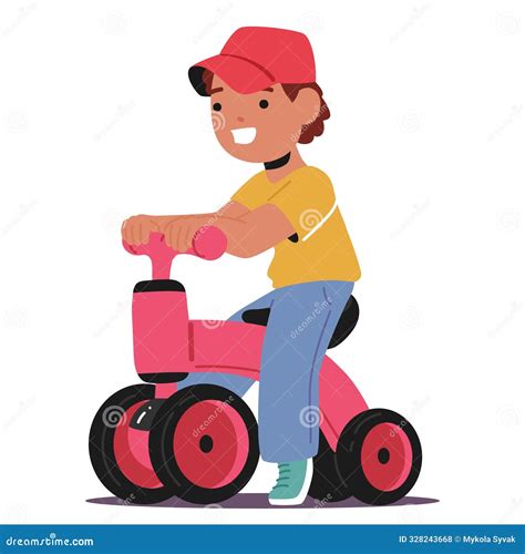 Boy Riding a Push Bike. Kid Character with Red Cap Looks Happy and