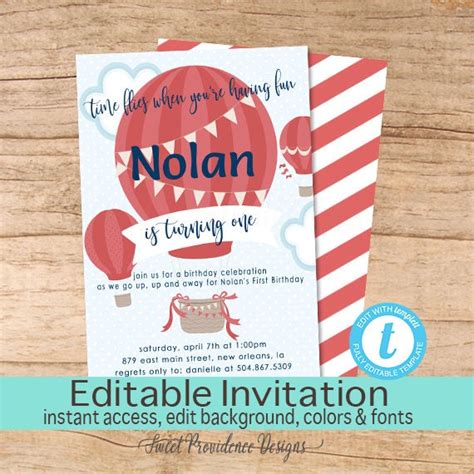 Hot Air Balloon Invitation Balloon First Birthday Boy Etsy