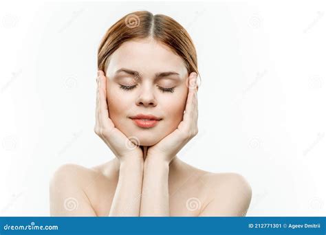 Attractive Woman Holding Face Closed Eyes Charm Naked Shoulders Stock Image Image Of Bodycare