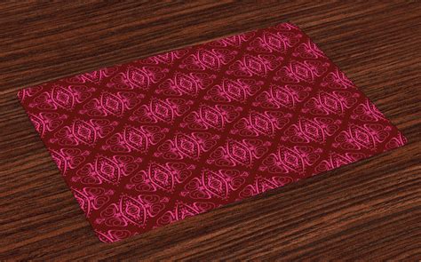 Ambesonne Hot Pink Place Mats Set Of Traditional Damask Standard Size Burgundy Pink