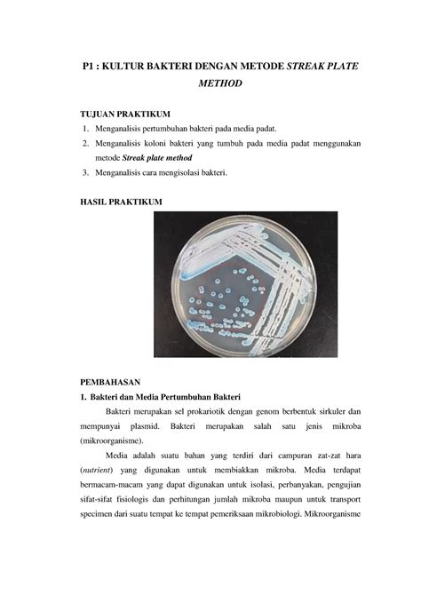 Laporan Praktikum Kultur Bakteri Dengan Metode Streak Plate P1 Kultur Bakteri Dengan Metode