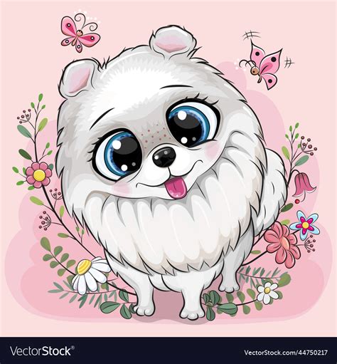 Cartoon White Pomeranian With Flowers On A Pink Vector Image