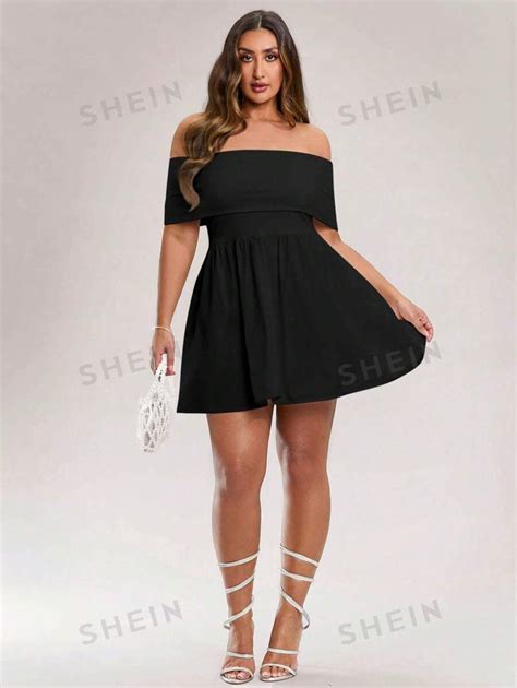 SHEIN BAE Plus Size Women S One Shoulder Solid Color Splicing Fabric A Line Sweet Hot Girl