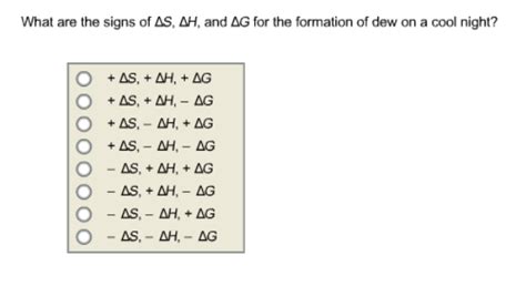 Solved What are the signs of delta S, delta H, and delta G | Chegg.com