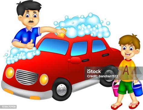 Lucu Ayah Dan Anak Mencuci Kartun Mobil Ilustrasi Stok Unduh Gambar