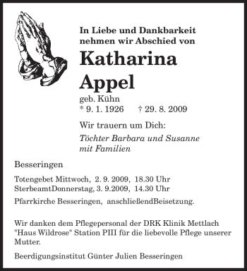 Traueranzeigen Von Katharina Appel Saarbruecker Zeitung Trauer De