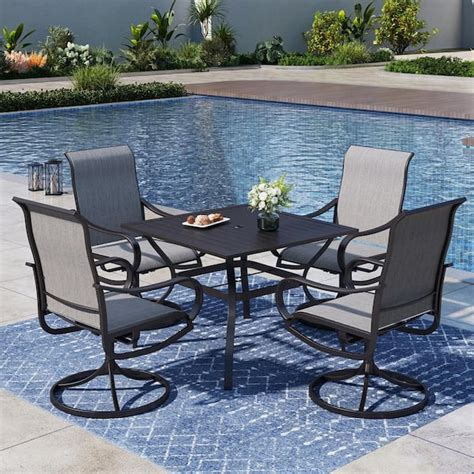 PHI VILLA Black 5 Piece Metal Square Patio Outdoor Dining Set With Slat