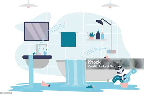 浴室は水であふれた壊れたシンクとシャワーの蛇口トイレでパイプの破損または破損水が浴槽から注ぎ流し - 漏れるのベクターアート素材や画像を多数ご ...