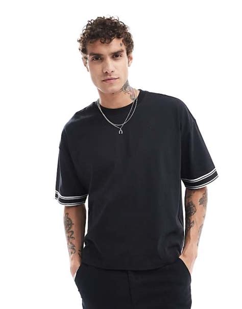 Asos Design Oversized Boxy Heavyweight T Shirt With Taping In Black Asos