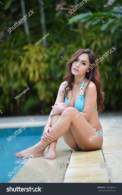 Sexy Girl Blue Bikini Pool Side Stock Photo Shutterstock