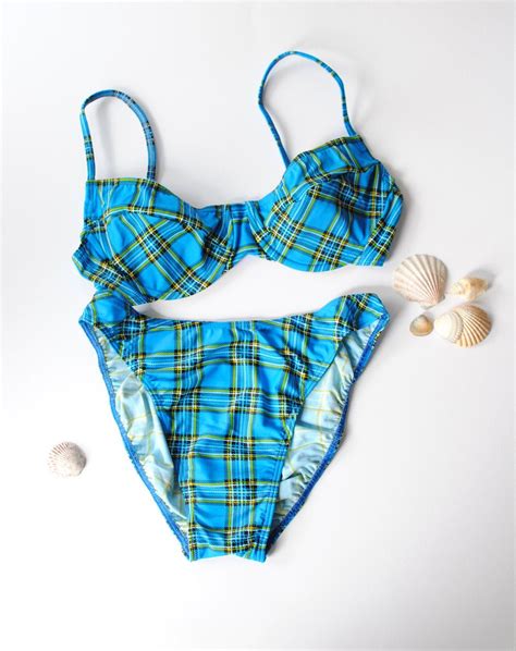 Items Similar To Retro Bikini Plaid Swimwear Blue Bathers Underwire