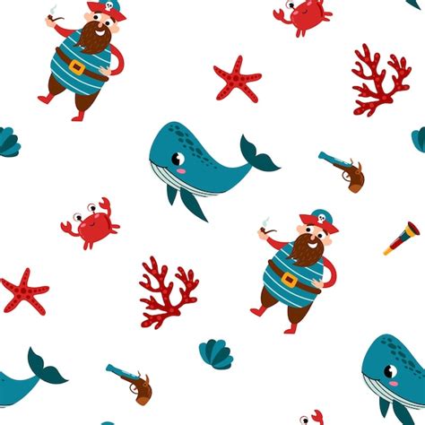 Premium Vector Seamless Pattern With Pirates Cute Whales And Crabs