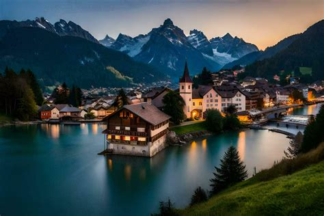 photo wallpaper mountains, the night, lake, switzerland, the town