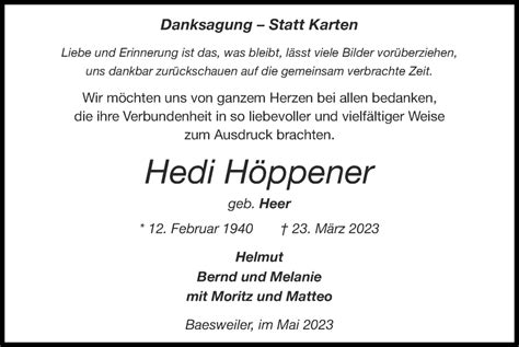 Traueranzeigen von Hedi Höppener Aachen gedenkt