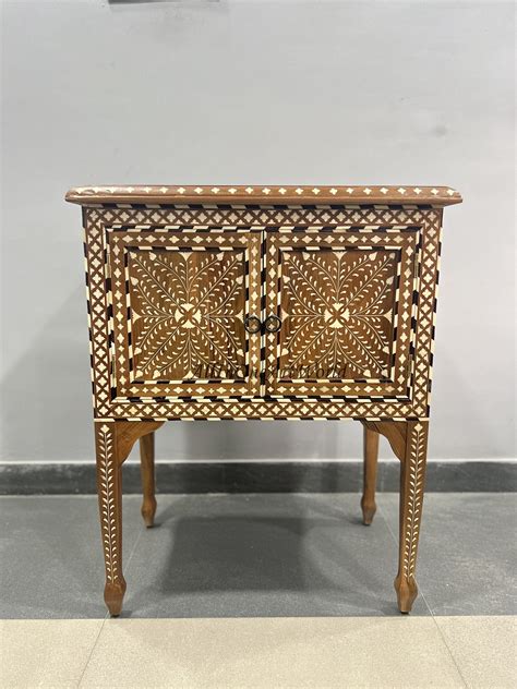 Natural Teak Bone Inlay Nightstand, Teakwood Bedside Table, Bone Inlaid